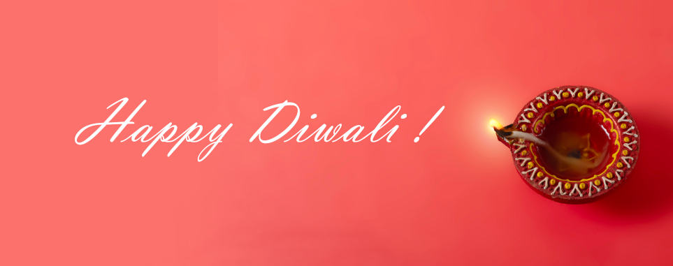 Picture of Colorful clay diya lamp on red background, with text that reads Happy Diwali